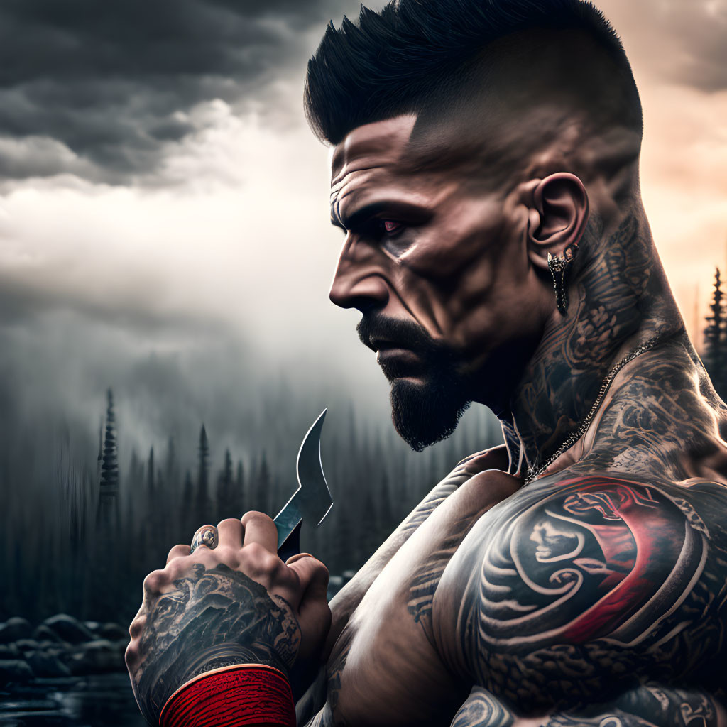 Muscular man with mohawk, beard, tattoos in stormy forest setting