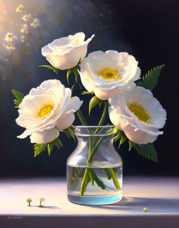 Realistic white poppies in clear vase on dark background