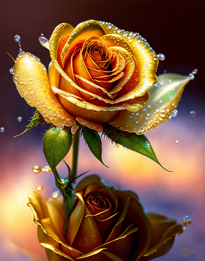 Yellow Rose with Water Droplets on Petals in Soft-Focus Background