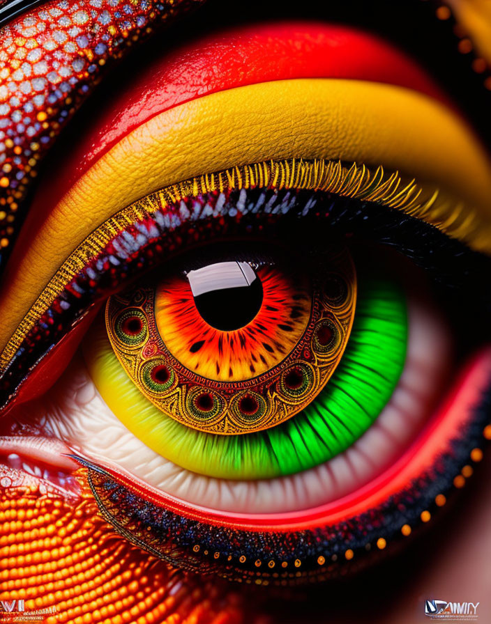 Detailed vibrant close-up of human eye with vivid multi-colored patterns