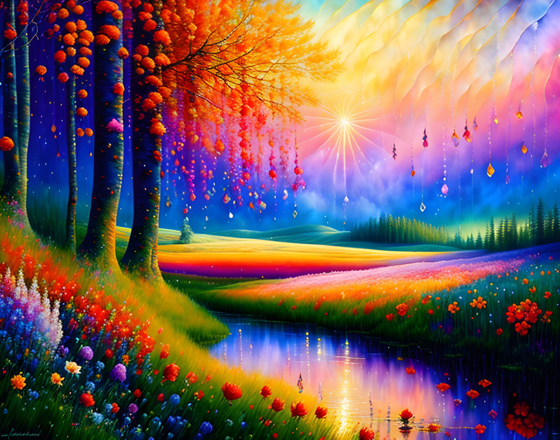 Colorful Landscape Painting with Sunburst, Reflective River, and Rolling Hills