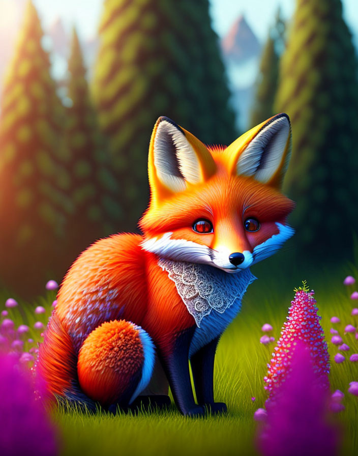 Colorful Illustration of Whimsical Fox in Lush Forest