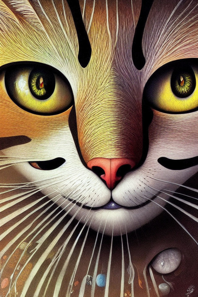 Detailed Close-Up Illustration of Cat's Face with Large Yellow Eyes