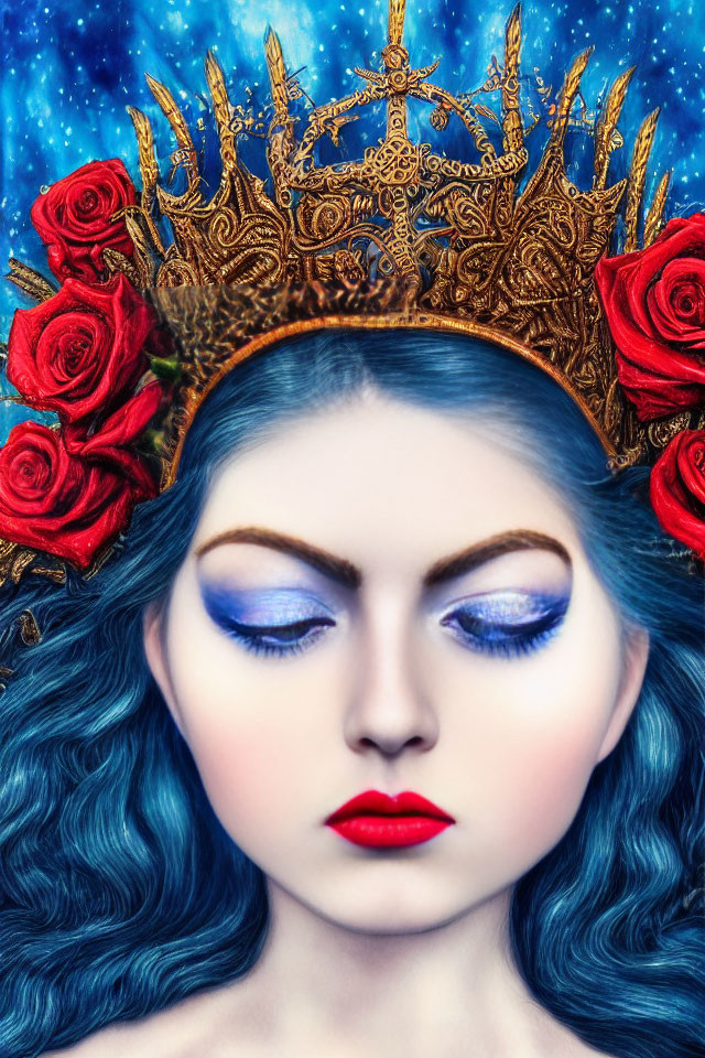 Digital artwork featuring woman with blue hair, vibrant makeup, golden crown, red roses, starry background