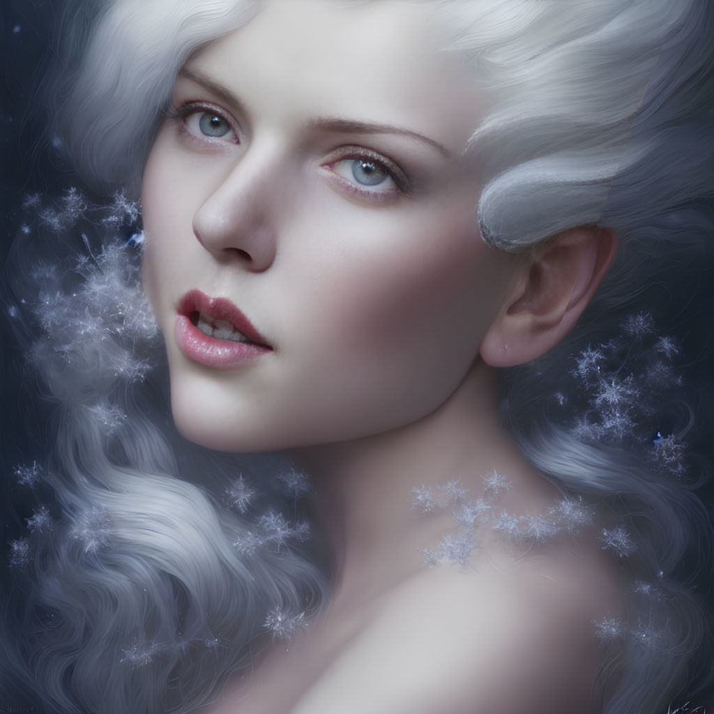 Digital painting of person with pale skin, icy blue eyes, white wavy hair, surrounded by snow