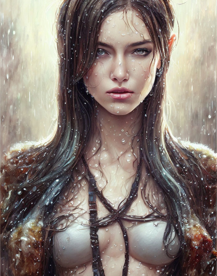 Detailed digital artwork of a woman in the rain with wet hair and clothes