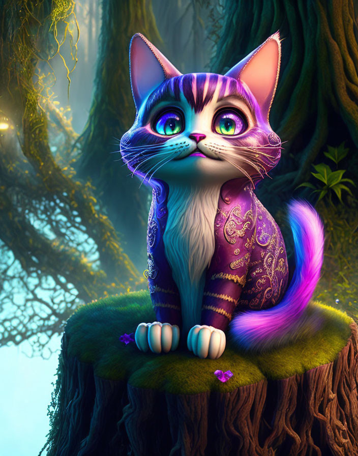 Colorful digital artwork of a stylized cat on mossy stump in enchanted forest