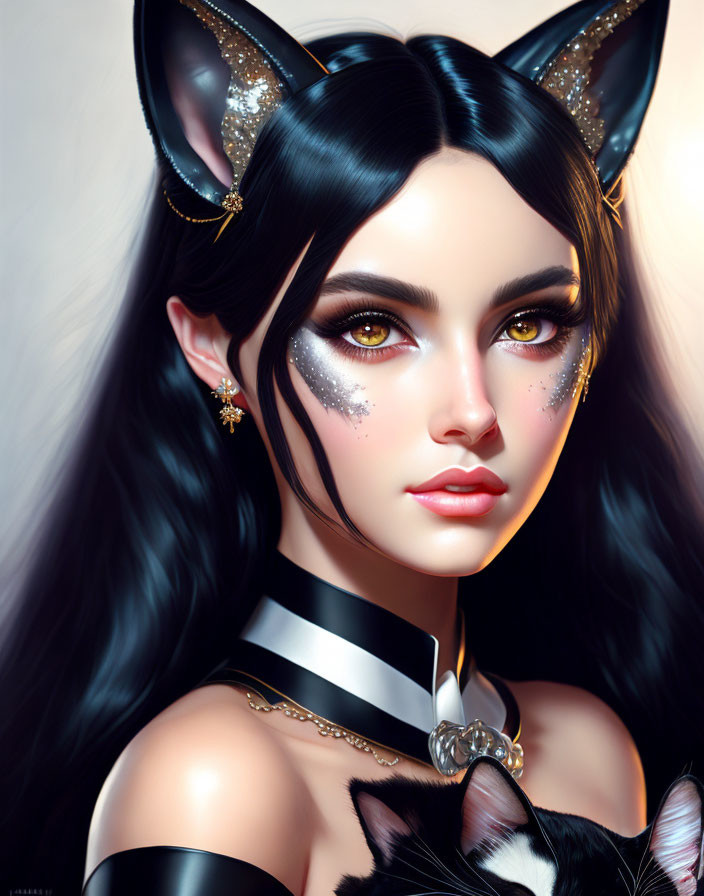 Cinematic dark-haired girl with cat ears