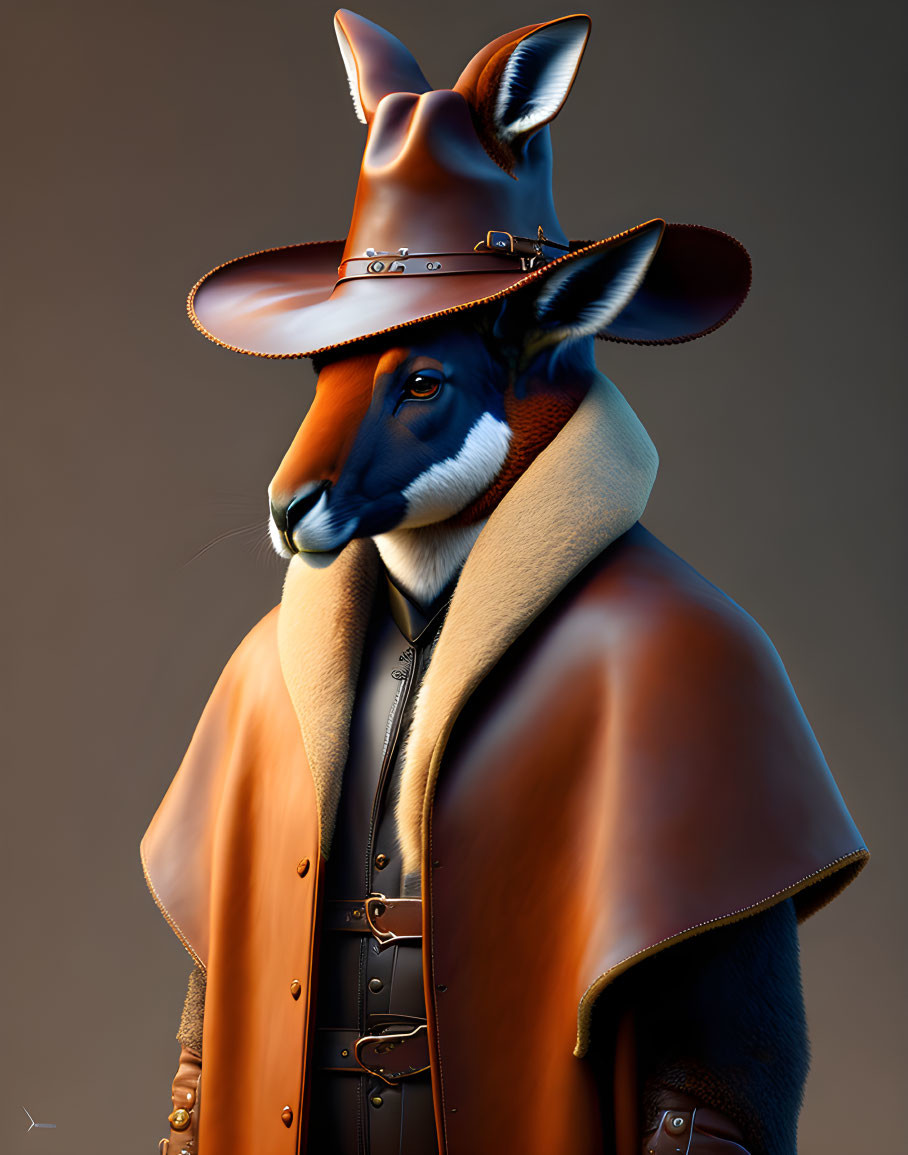 Anthropomorphic kangaroo in cowboy attire with Wild West vibe