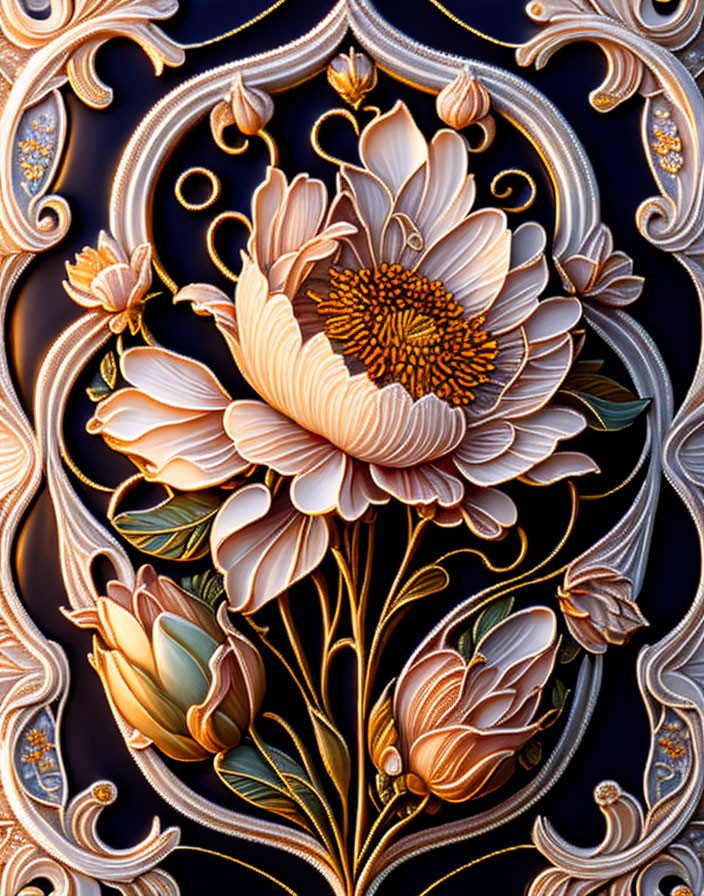 Detailed Floral Bas-Relief with Golden Highlights on Dark Background