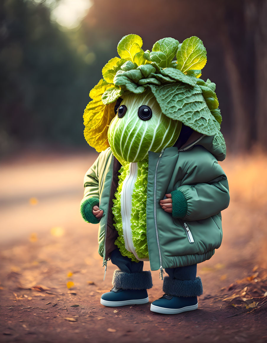 Whimsical illustration of a character with a cabbage head on leaf-covered path
