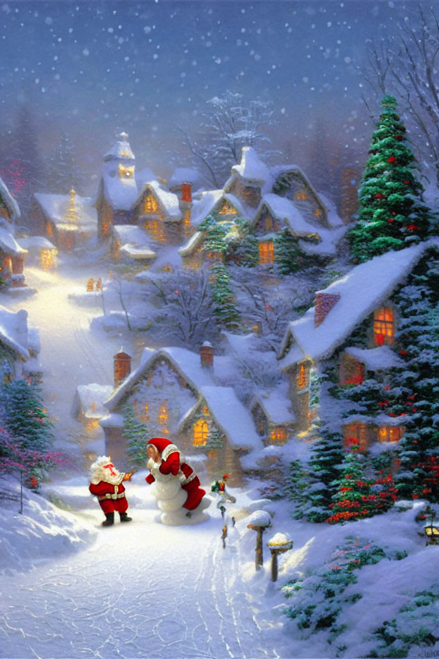Snowy Holiday Scene with Santa Claus and Snowman by Cottages and Illuminated Trees