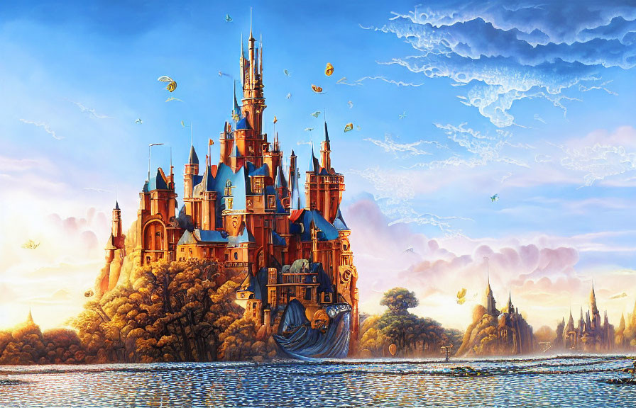 Enchanting castle with spires near lake, islands, airships, sunset sky