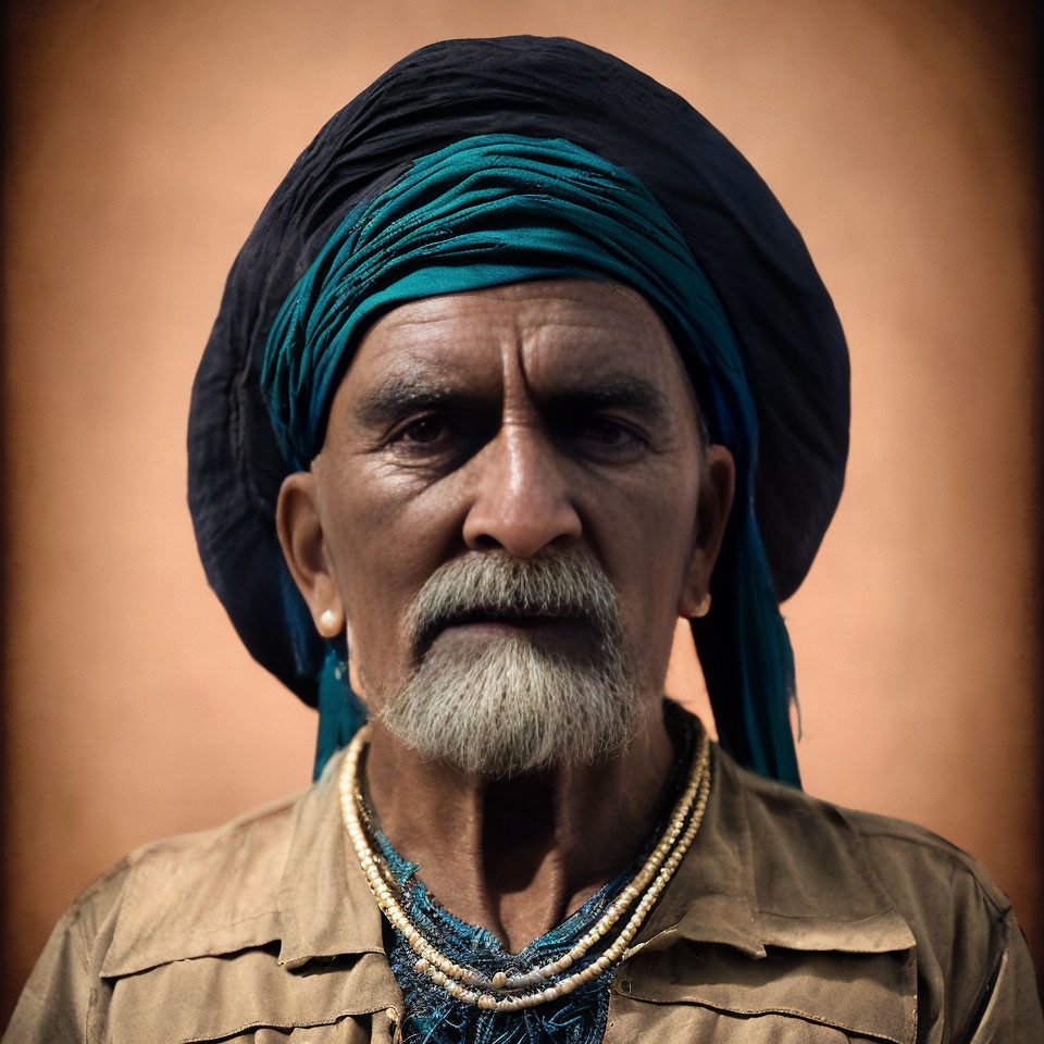 Weathered-faced man in teal turban and necklace against brown backdrop