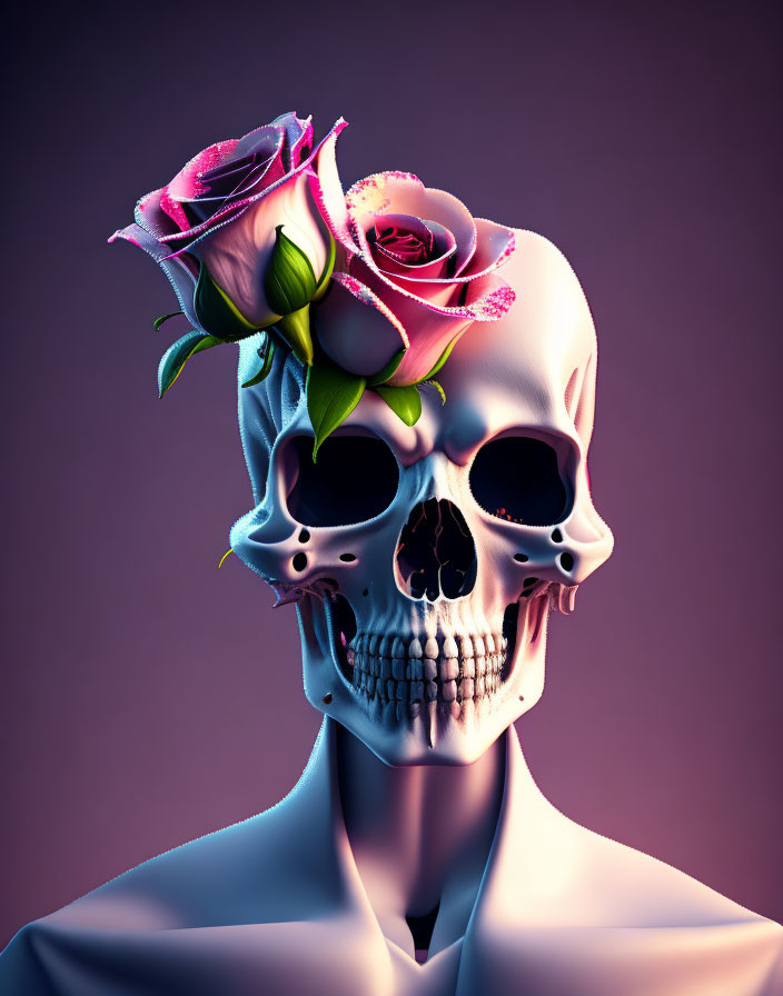 Digitally rendered human skull with vibrant pink roses on purple background