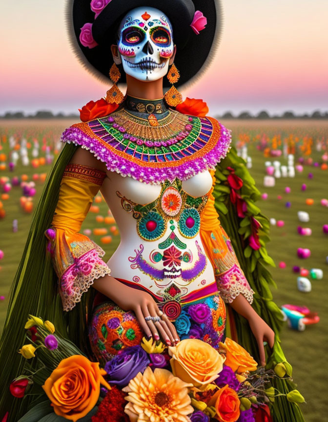 Vibrant Day of the Dead costume with skull-painted face in floral sunset scene
