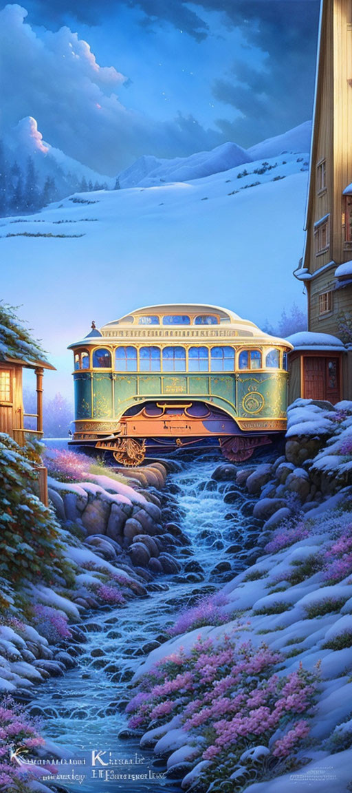 Vintage Tram Cottage Illustration Beside Snowy Riverbank