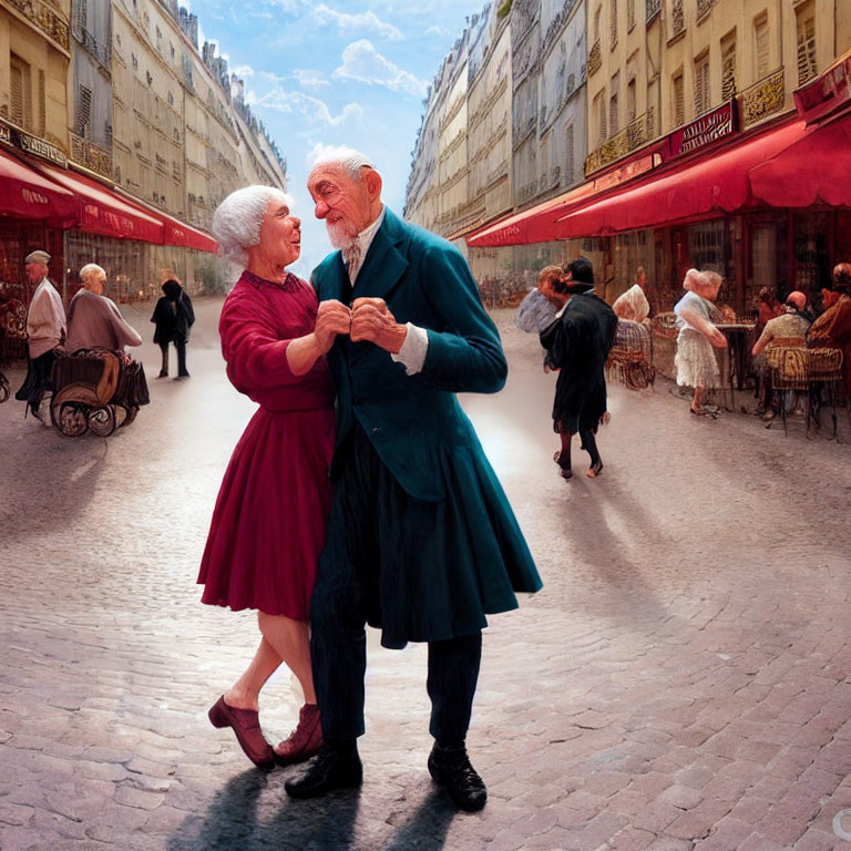 Elderly couple dances in cobblestone street surrounded by outdoor cafés and people