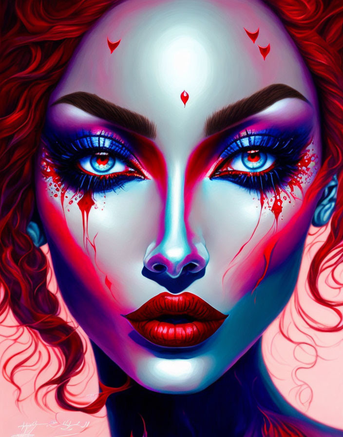 Stylized digital portrait of a woman with blue eyes and red accents