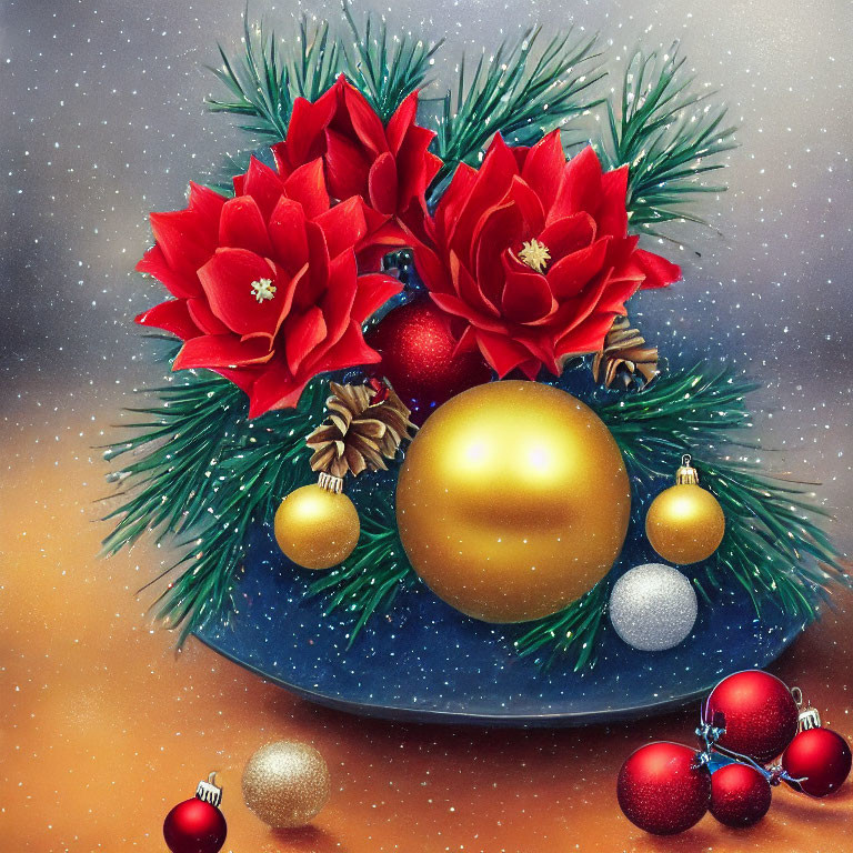 Christmas Composition with Red Flowers, Green Pine, & Ornaments on Snowy Background