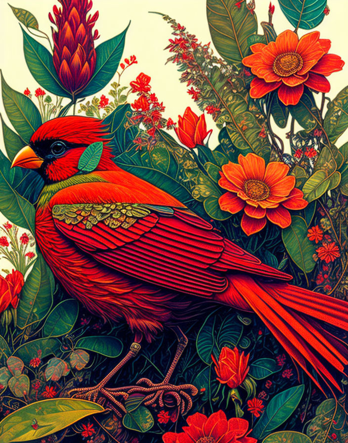 Red bird surrounded by plants and flowers