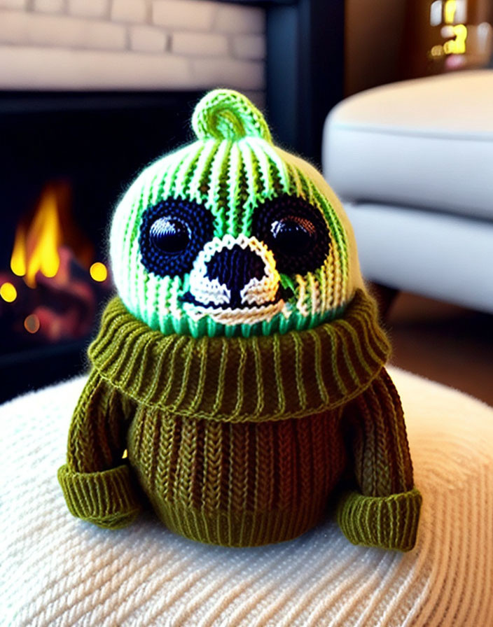 Knitted green zombie toy with skull face in sweater by fireplace