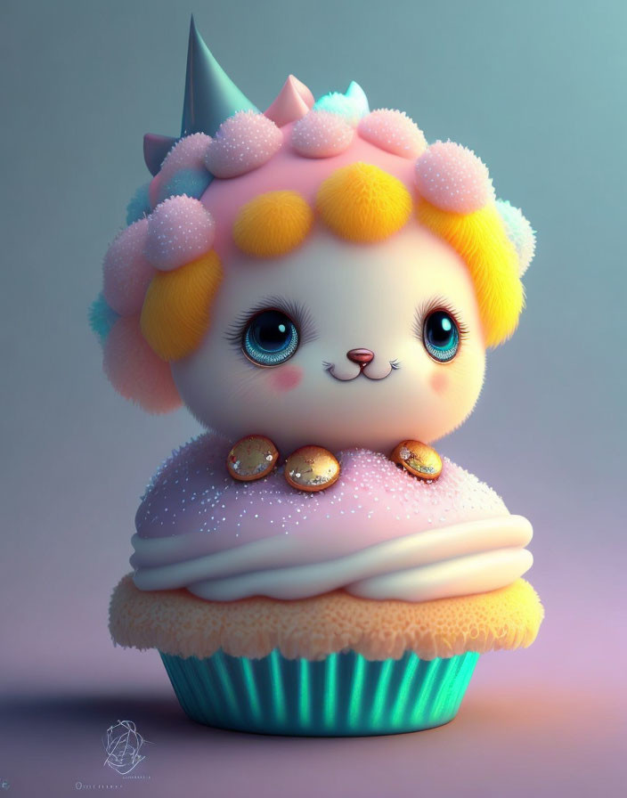 Stylized illustration of cute lamb with cupcake and sprinkles