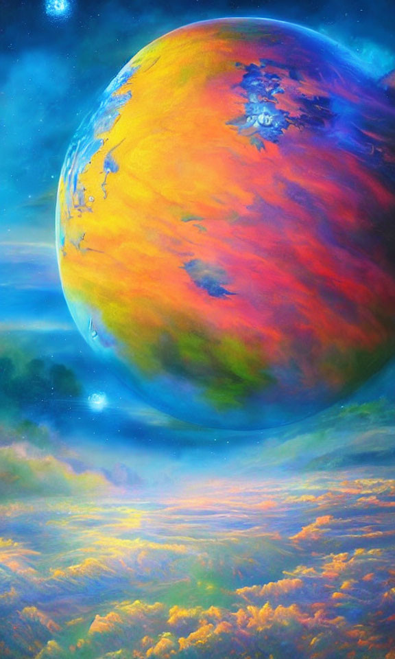 Colorful painting of a large planet in celestial cloudscape