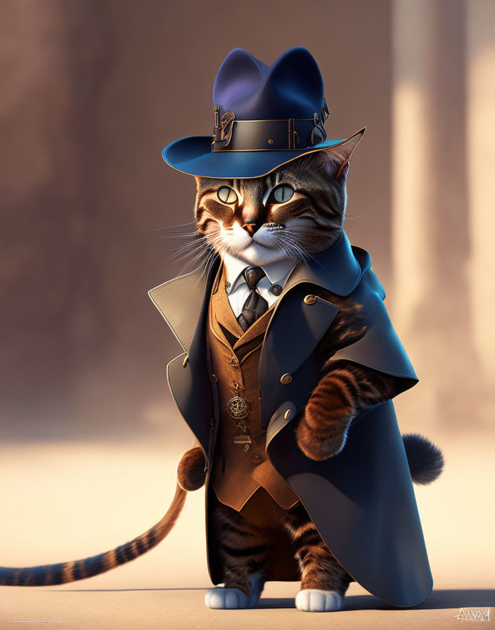 Anthropomorphic cat detective in trench coat and fedora.