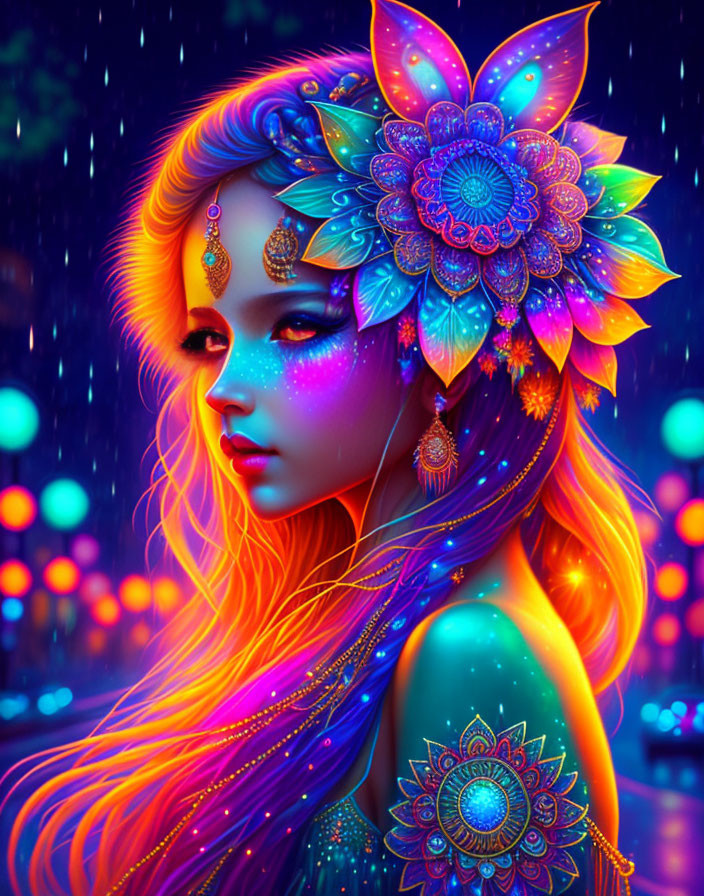 Colorful digital artwork: Woman with neon floral patterns in rain.