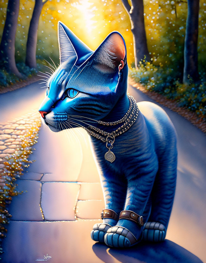 Blue cat with collar and boots strolling forest path under sunlight