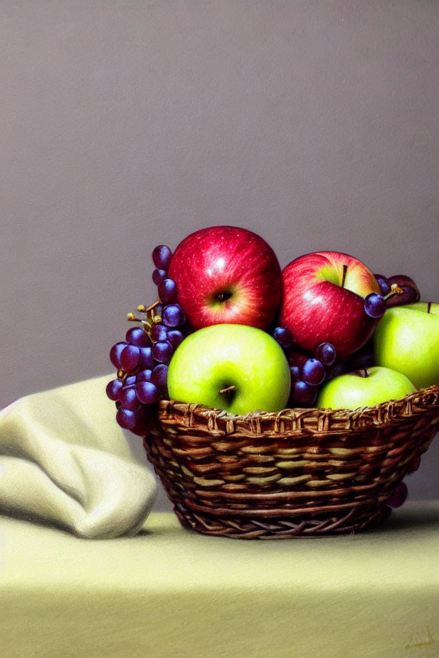 Classic still life painting with wicker basket, apples, grapes, and draped cloth
