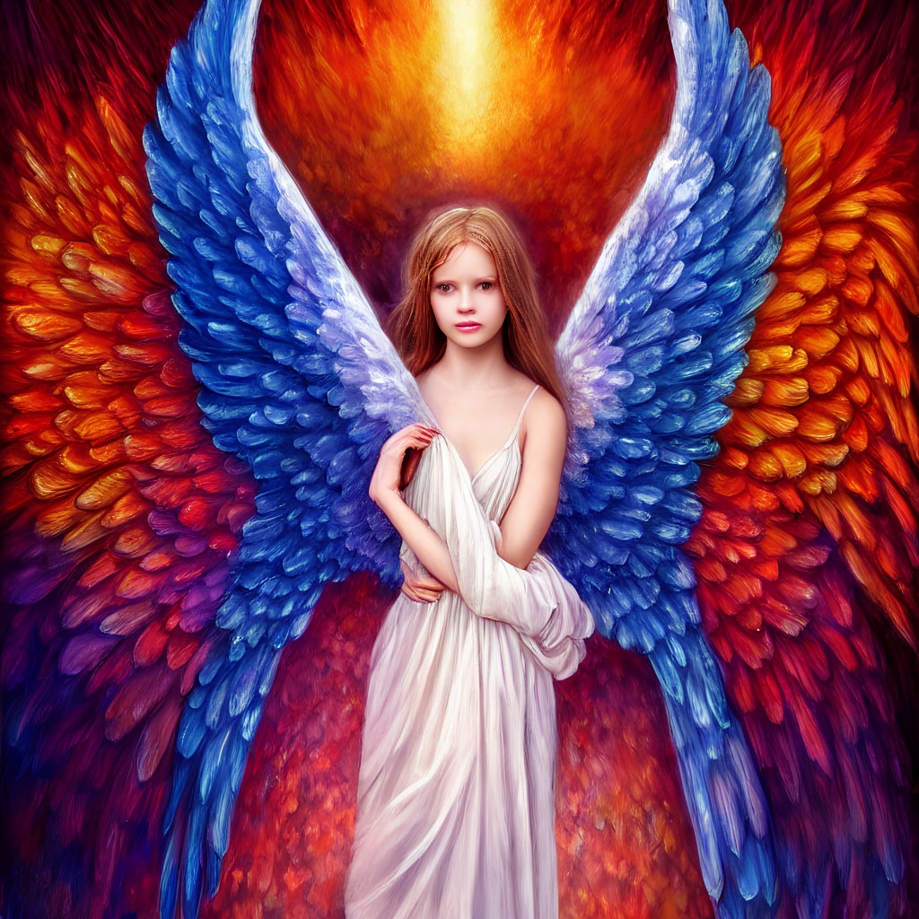Woman with blue and orange wings in white dress on fiery background