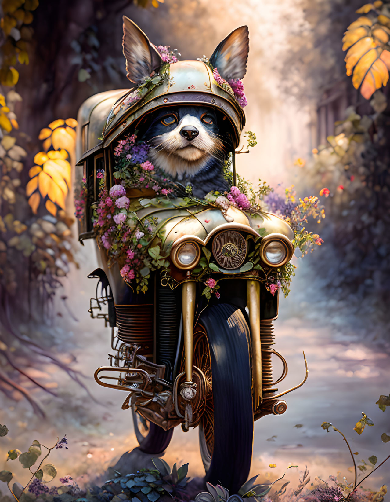 Anthropomorphic raccoon on vintage motorcycle in mystical forest at sunset