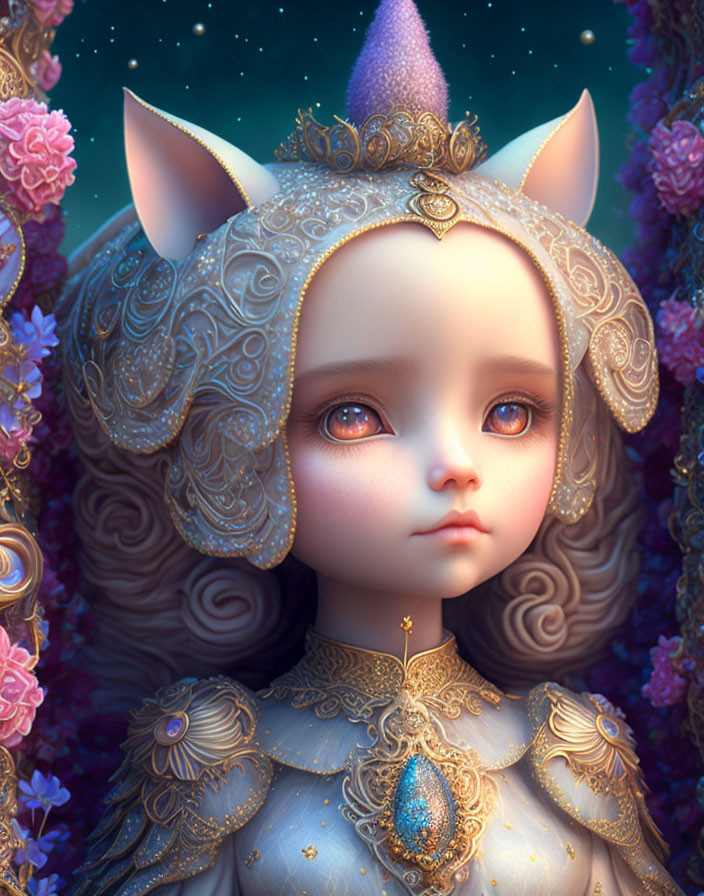 Fantasy character with cat ears in ornate armor and jewelry among flowers under starry sky