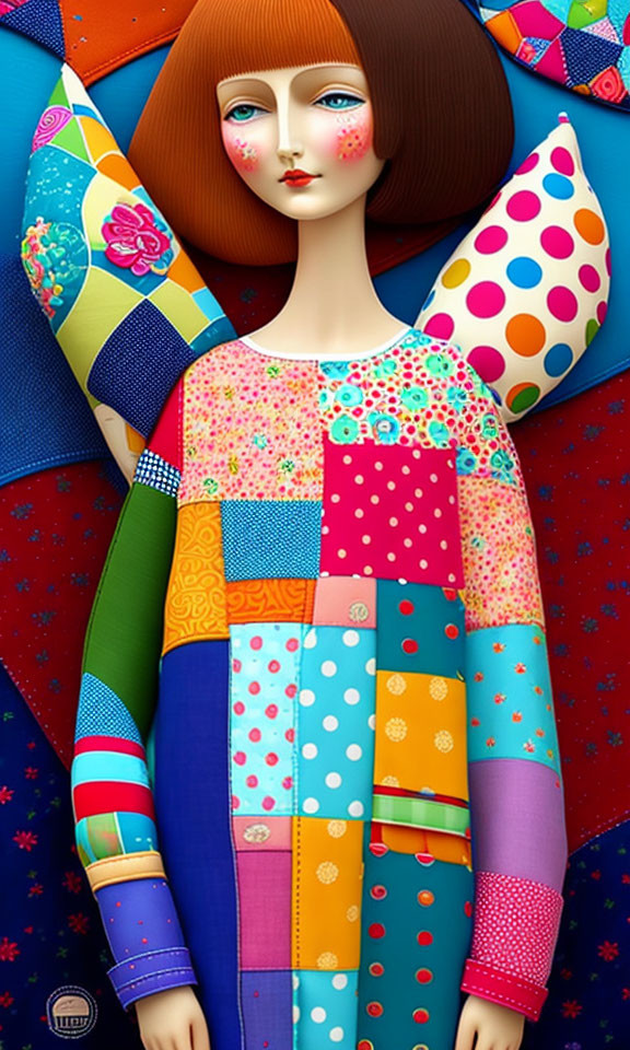 Vibrant Woman Illustration with Patchwork Clothes & Geometric Background