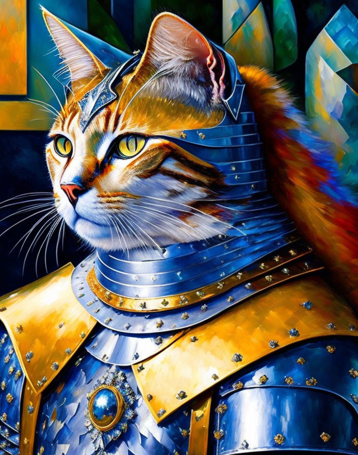 Colorful Cat in Medieval Armor with Noble Expression
