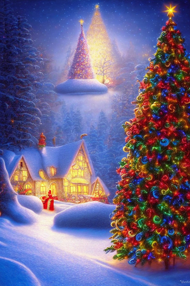 Winter scene with Christmas tree, snow-covered cottage, lanterns, and floating tree.