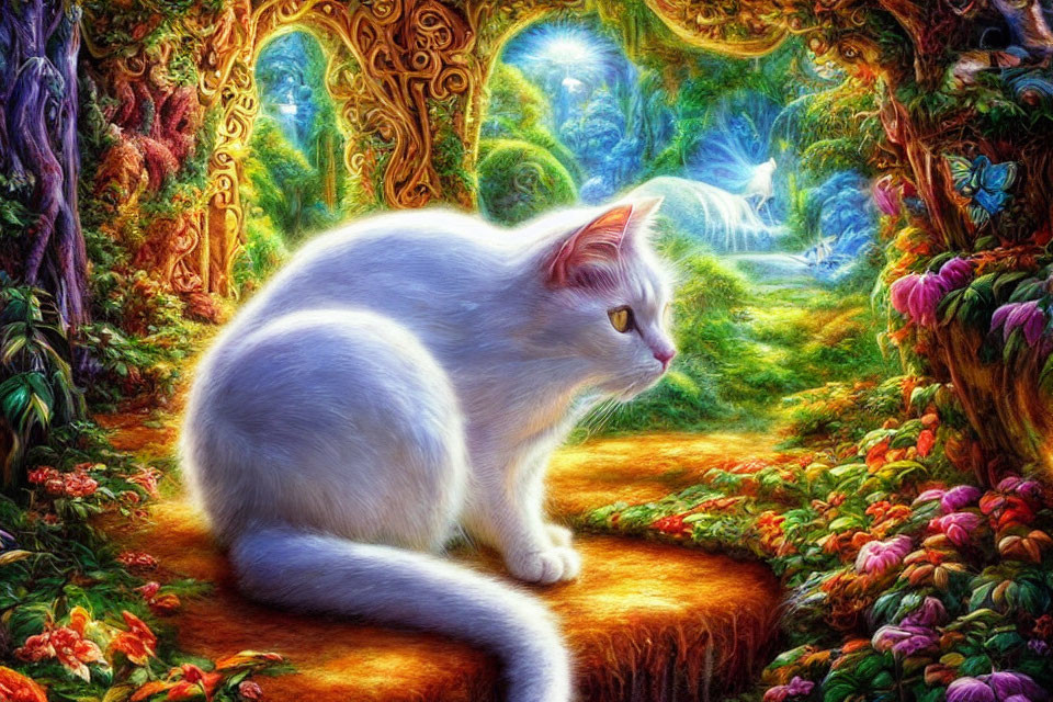 White Cat Surrounded by Flowers and Archways in Colorful Forest