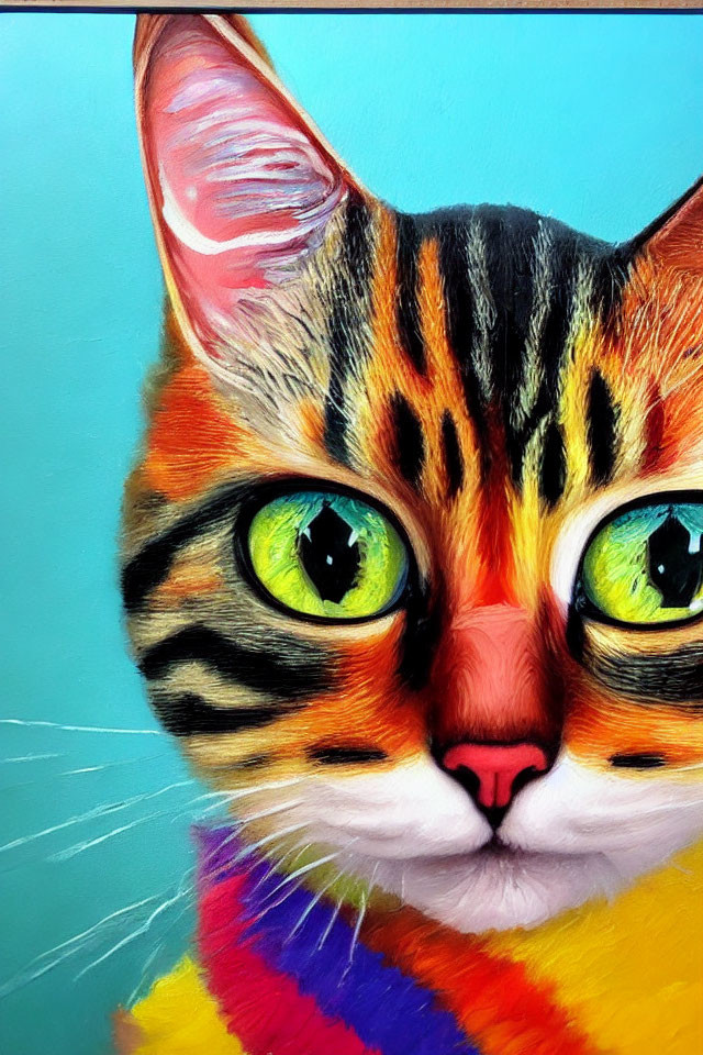 Colorful painting of a cat with green eyes and striped fur on turquoise background