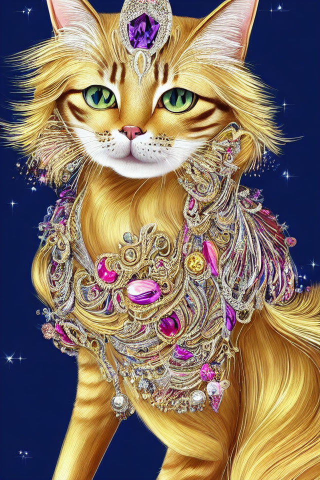 Majestic golden cat with jeweled necklace and headdress on starry night sky