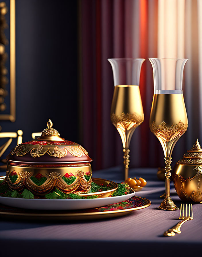 Luxurious Gold-Accented Dinner Setting on Dark Background