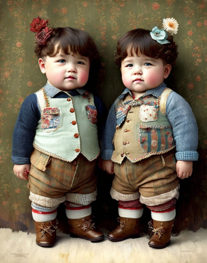 Pair of toddler-like dolls in vintage outfits with vests, shorts, socks, and boots