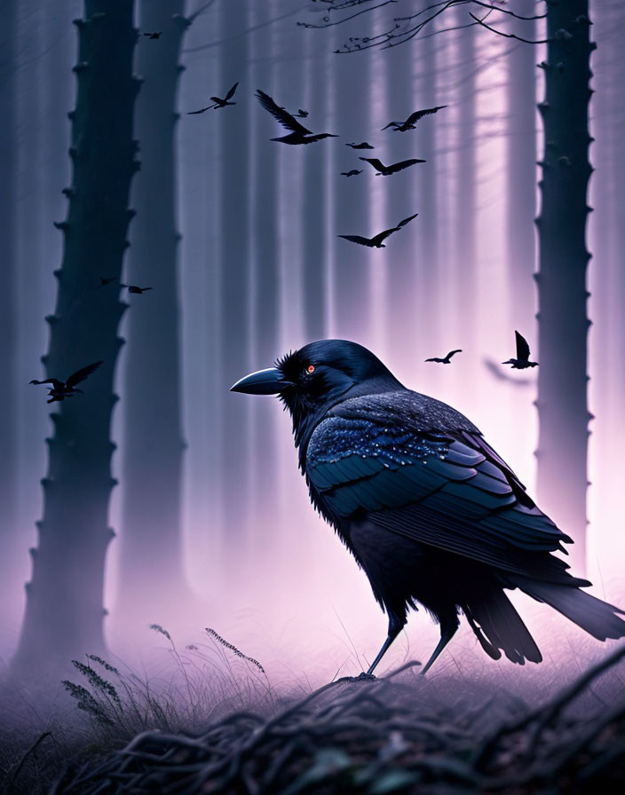Mystical forest scene with raven, flying birds, and foggy trees