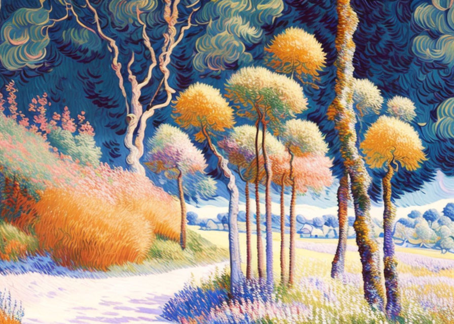 Colorful Landscape Painting with Tall Trees and Curving Path