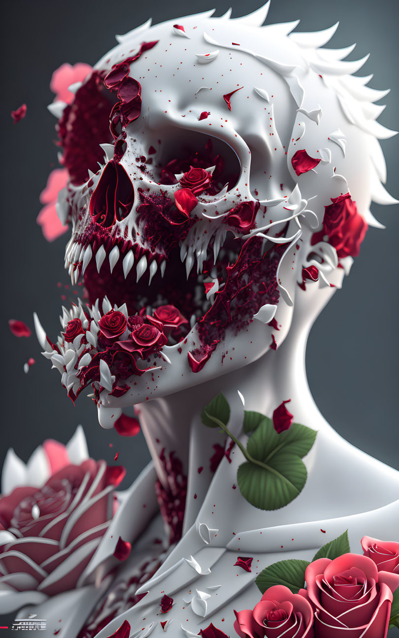 Skull and Roses Disintegrating in Artistic Image