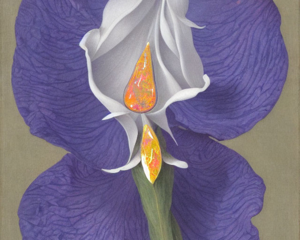 Detailed Painting of Purple Iris Flower with Flame-Like Structures on Petals