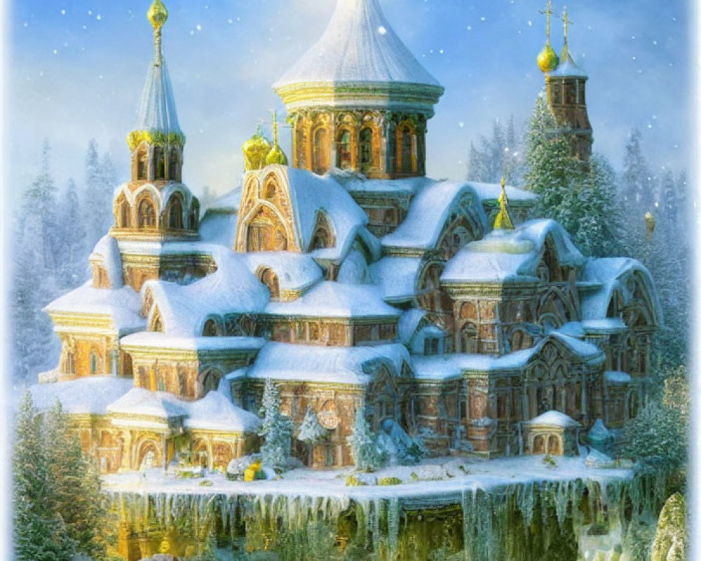 Snow-covered church with multiple domes in serene winter landscape