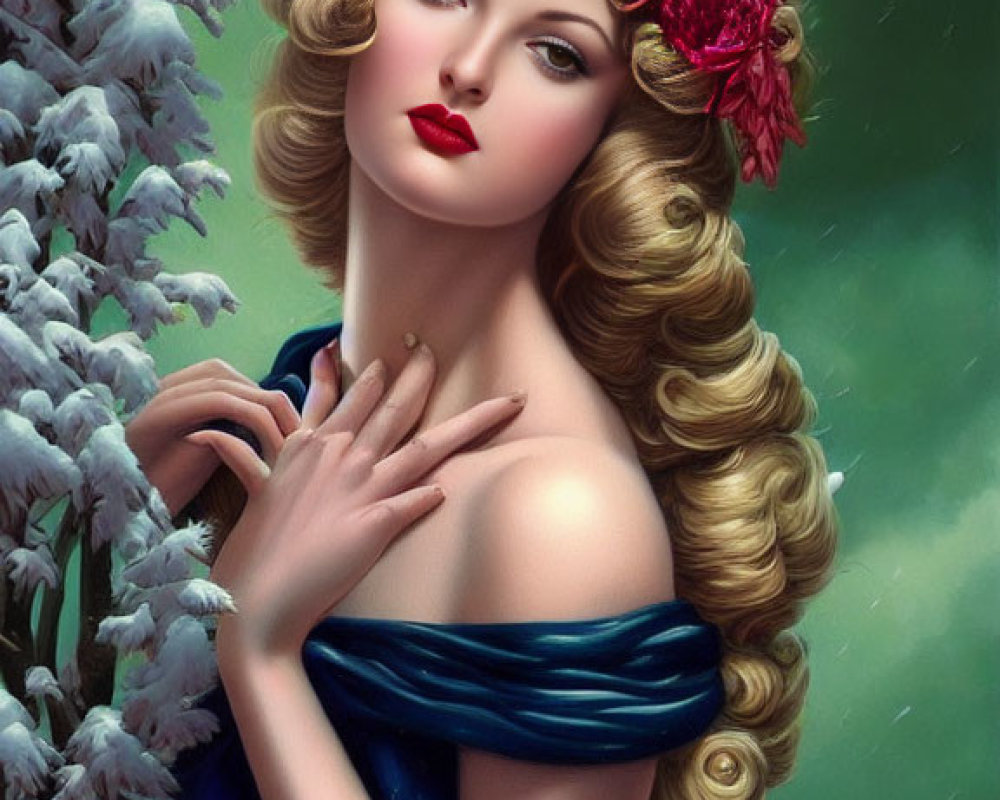 Illustrated woman with golden curls in blue gown and red flower crown among white blossoms