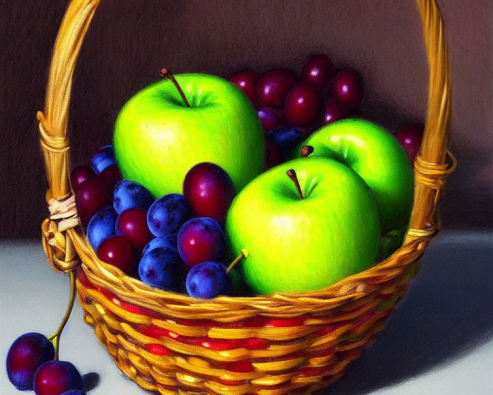 Basket of Green Apples and Purple Grapes Displayed on Surface